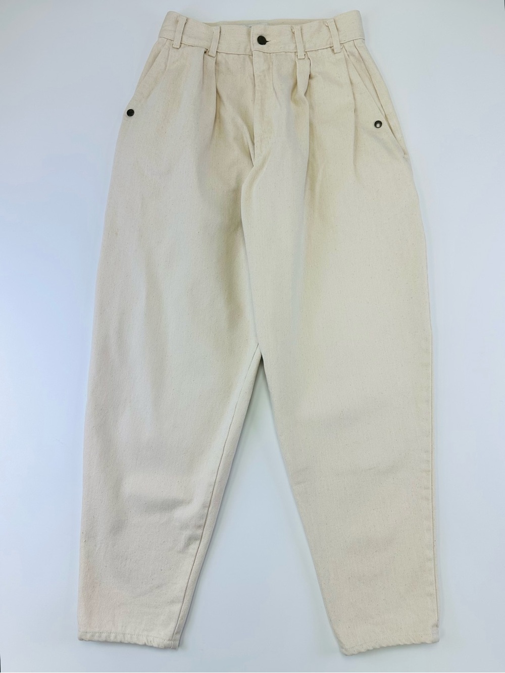 Vintage 80s cream muslin denim pleat front 80s barrel leg jeans Small Retro